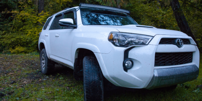 Toyota grand highlander parked in greenery.